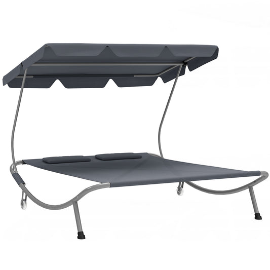 Outsunny Garden Double Hammock Sun Lounger Day Bed Canopy w/ 2 Pillows