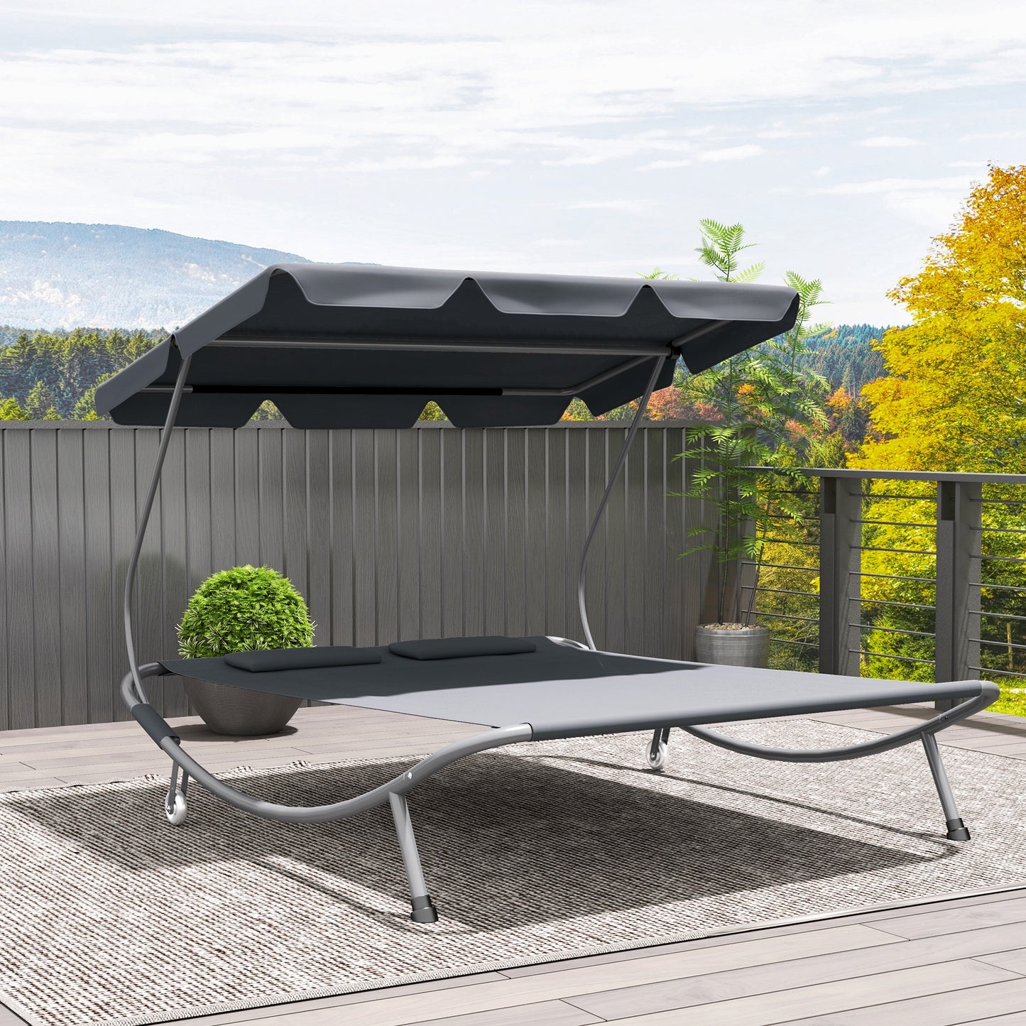 Outsunny Garden Double Hammock Sun Lounger Day Bed Canopy w/ 2 Pillows