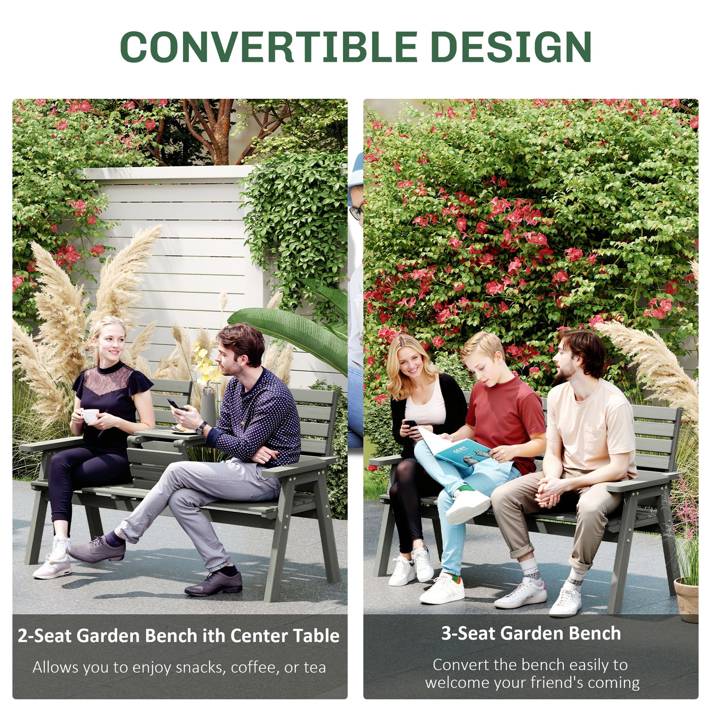 Outsunny Convertable 3-Seater Wood Bench Table Garden w/ Armrests Grey