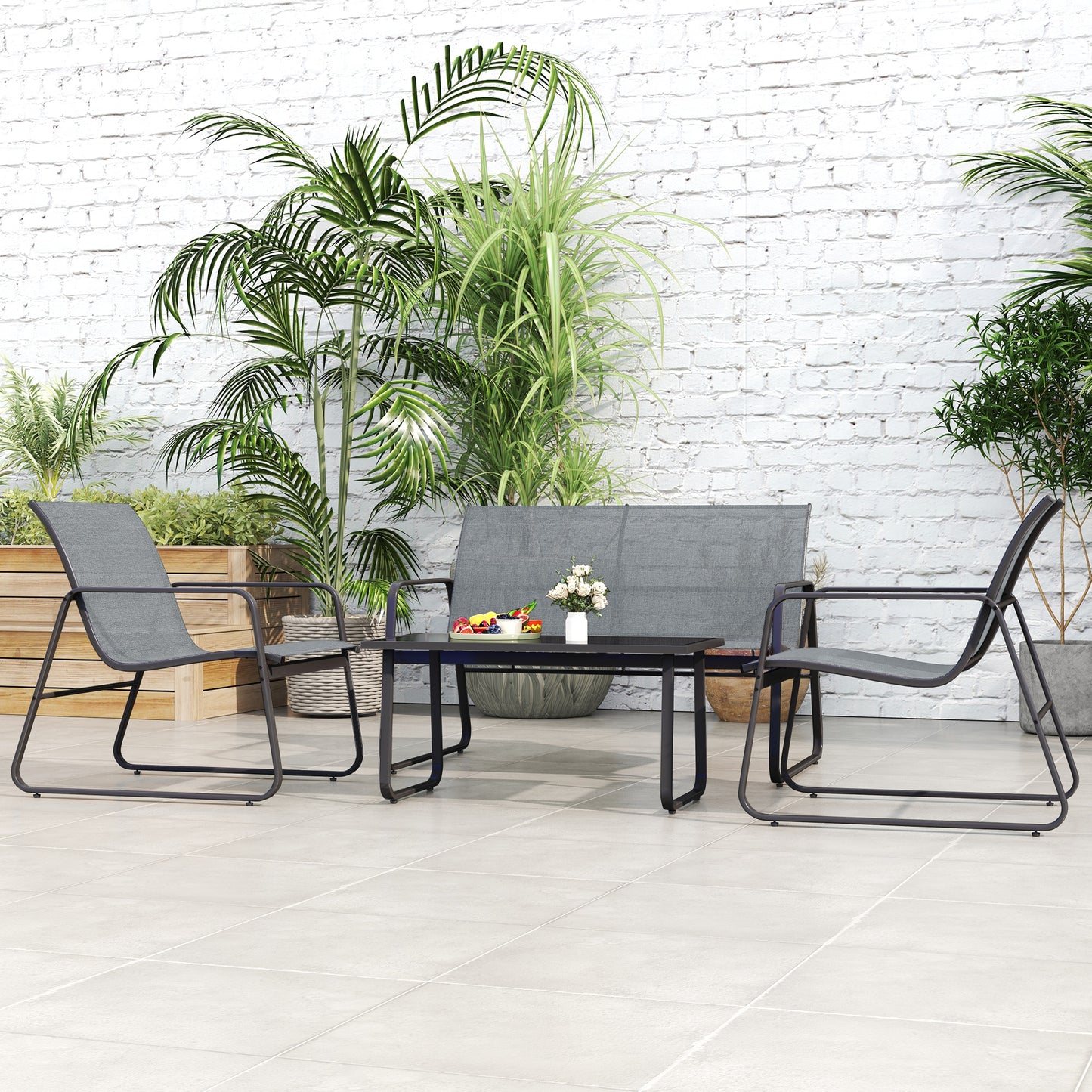Outsunny 4 Piece Garden Furniture Set Patio Sofa Set w/ Chairs, Glass Top Table