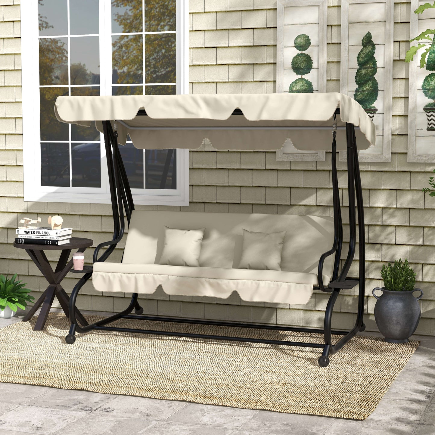 Outsunny 2-in-1 Garden Swing Chair for 3 Person w/ Adjustable Canopy, Cream