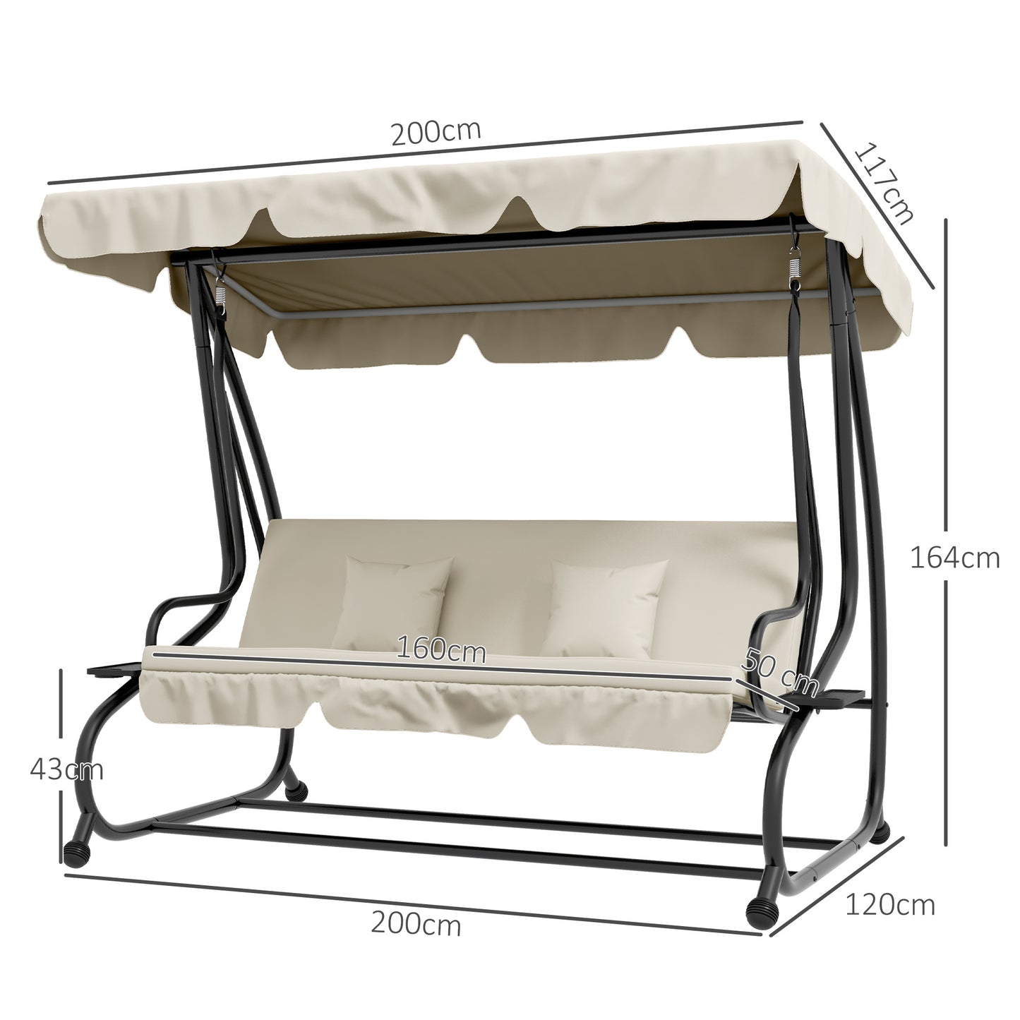 Outsunny 2-in-1 Garden Swing Chair for 3 Person w/ Adjustable Canopy, Cream