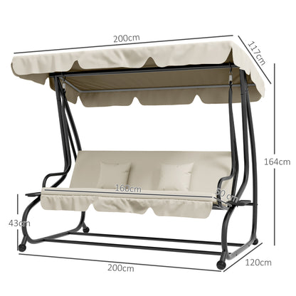 Outsunny 2-in-1 Garden Swing Chair for 3 Person w/ Adjustable Canopy, Cream