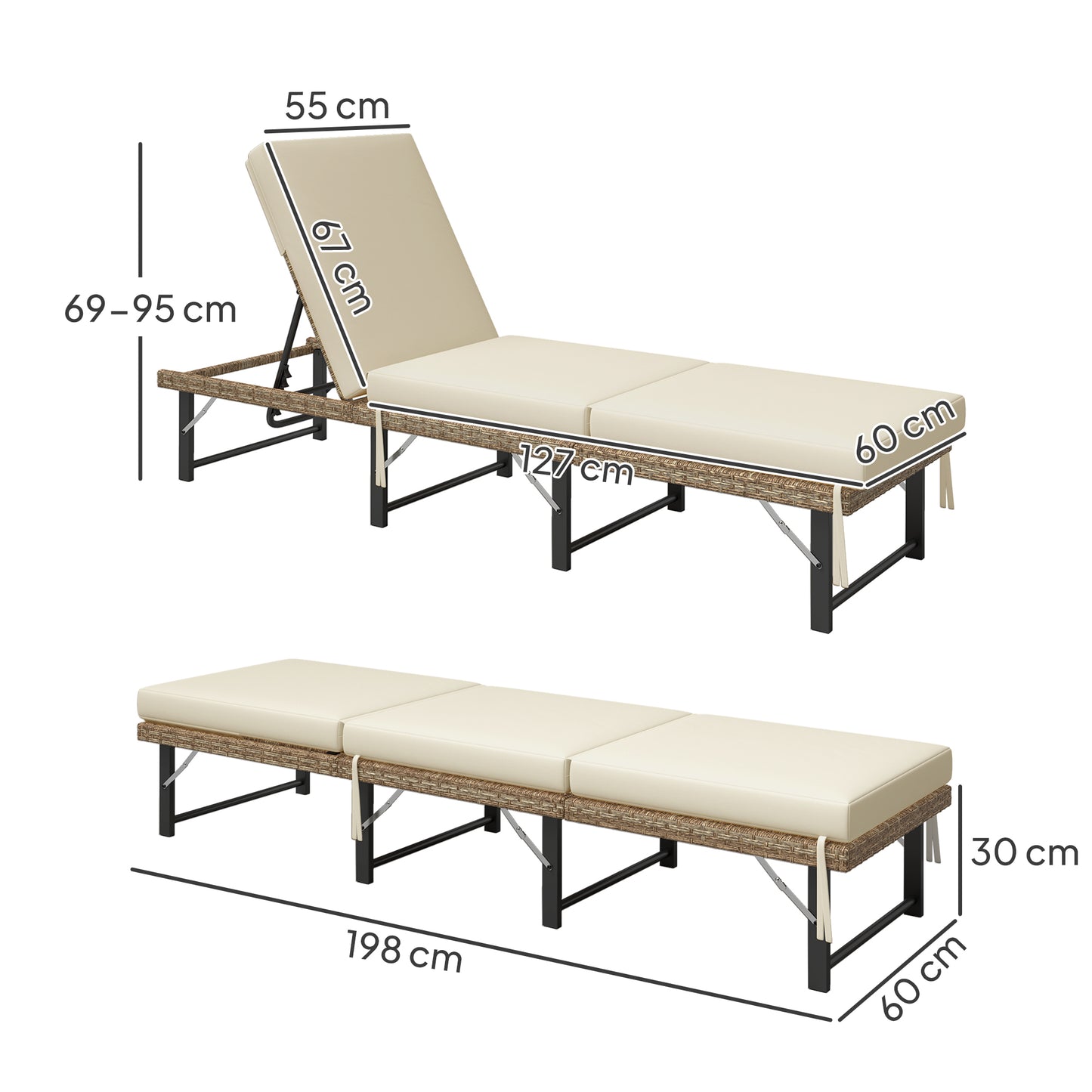 Outsunny Folding Rattan Sun Lounger with Adjustable Back, Cushion, Natural