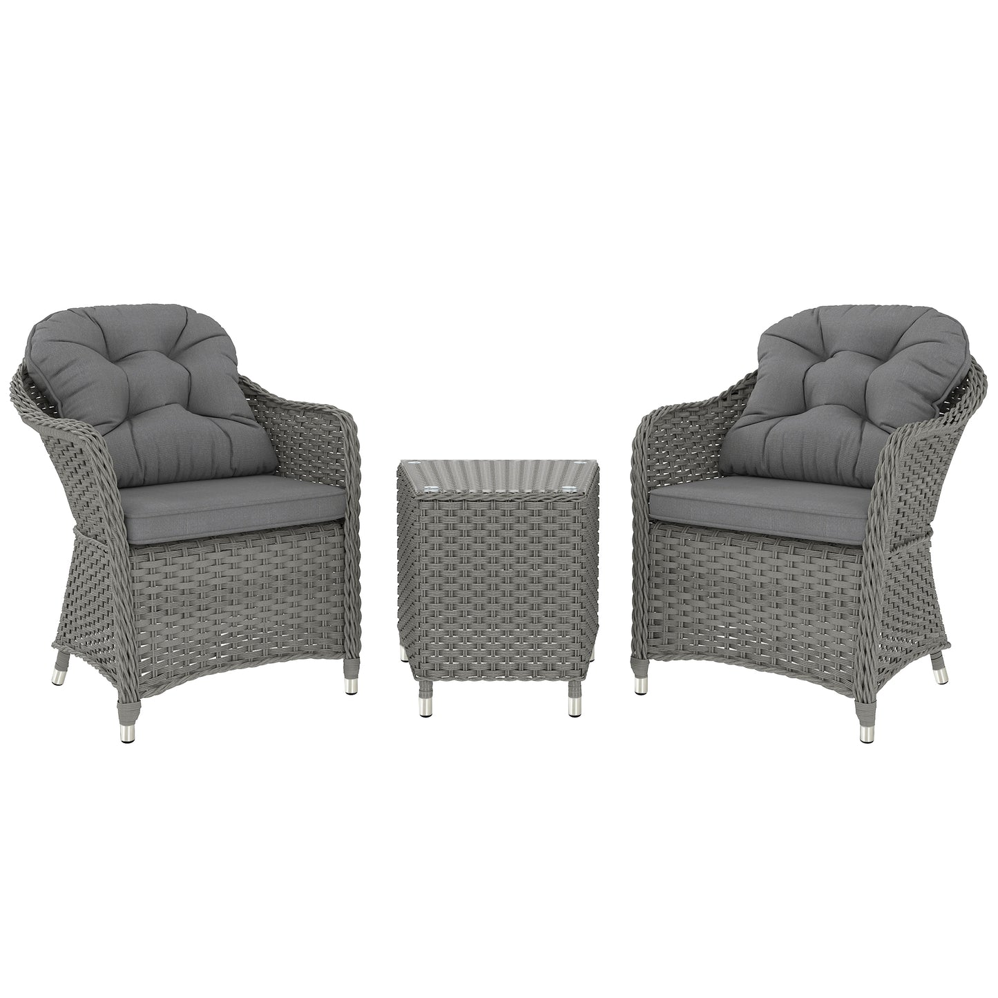 Outsunny 3 PCS Aluminium Rattan Bistro Set with Soft Cushions & Glass Top
