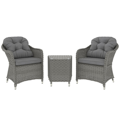 Outsunny 3 PCS Aluminium Rattan Bistro Set with Soft Cushions & Glass Top