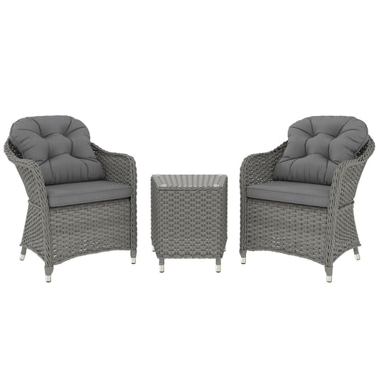 Outsunny 3 PCS Aluminium Rattan Bistro Set with Soft Cushions & Glass Top