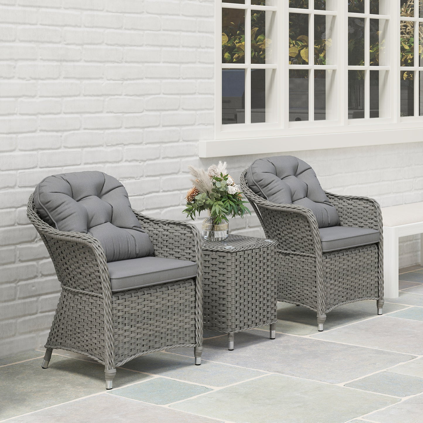 Outsunny 3 PCS Aluminium Rattan Bistro Set with Soft Cushions & Glass Top