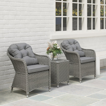 Outsunny 3 PCS Aluminium Rattan Bistro Set with Soft Cushions & Glass Top