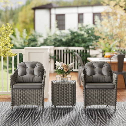Outsunny 3 PCS Aluminium Rattan Bistro Set with Soft Cushions & Glass Top
