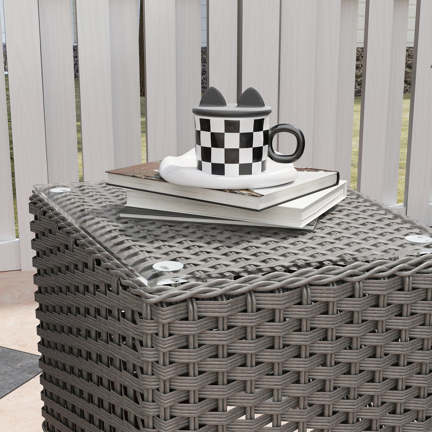 Outsunny 3 PCS Aluminium Rattan Bistro Set with Soft Cushions & Glass Top