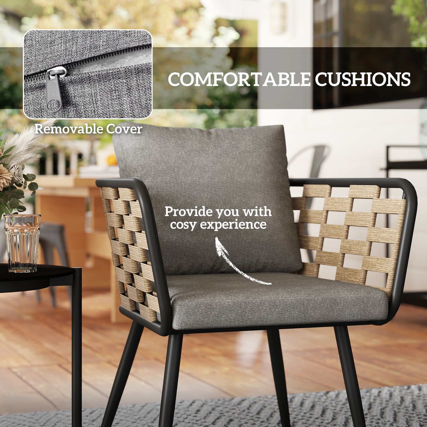 Outsunny 3 Pieces Rattan Bistro Set, Wicker Garden Furniture Set w/ Cushions