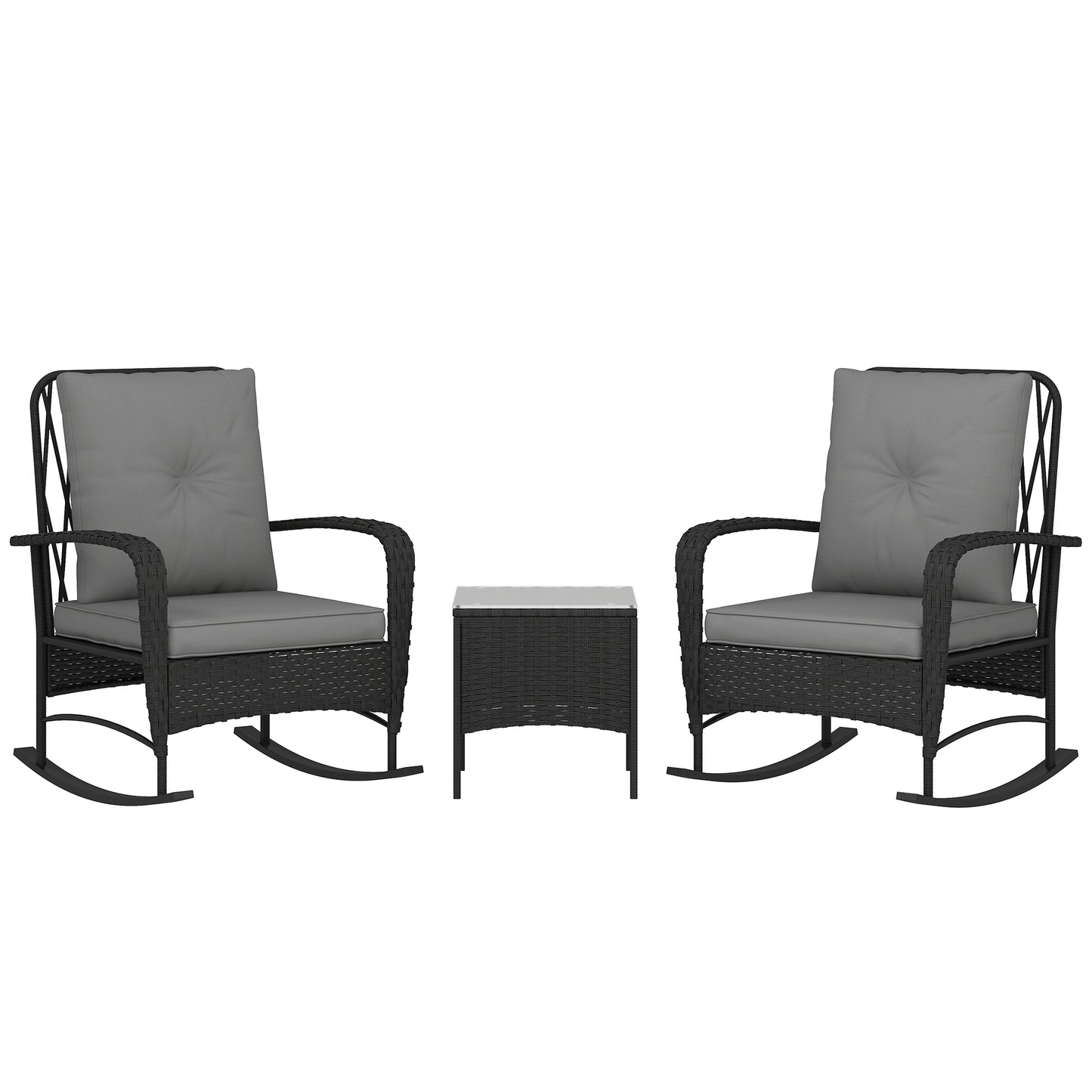 Outsunny Rattan Bistro Set Balcony Furniture with Rocking Chairs, Black