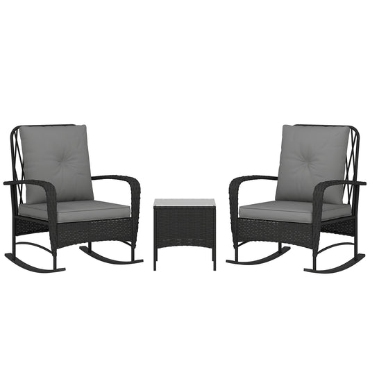 Outsunny Rattan Bistro Set Balcony Furniture with Rocking Chairs, Black