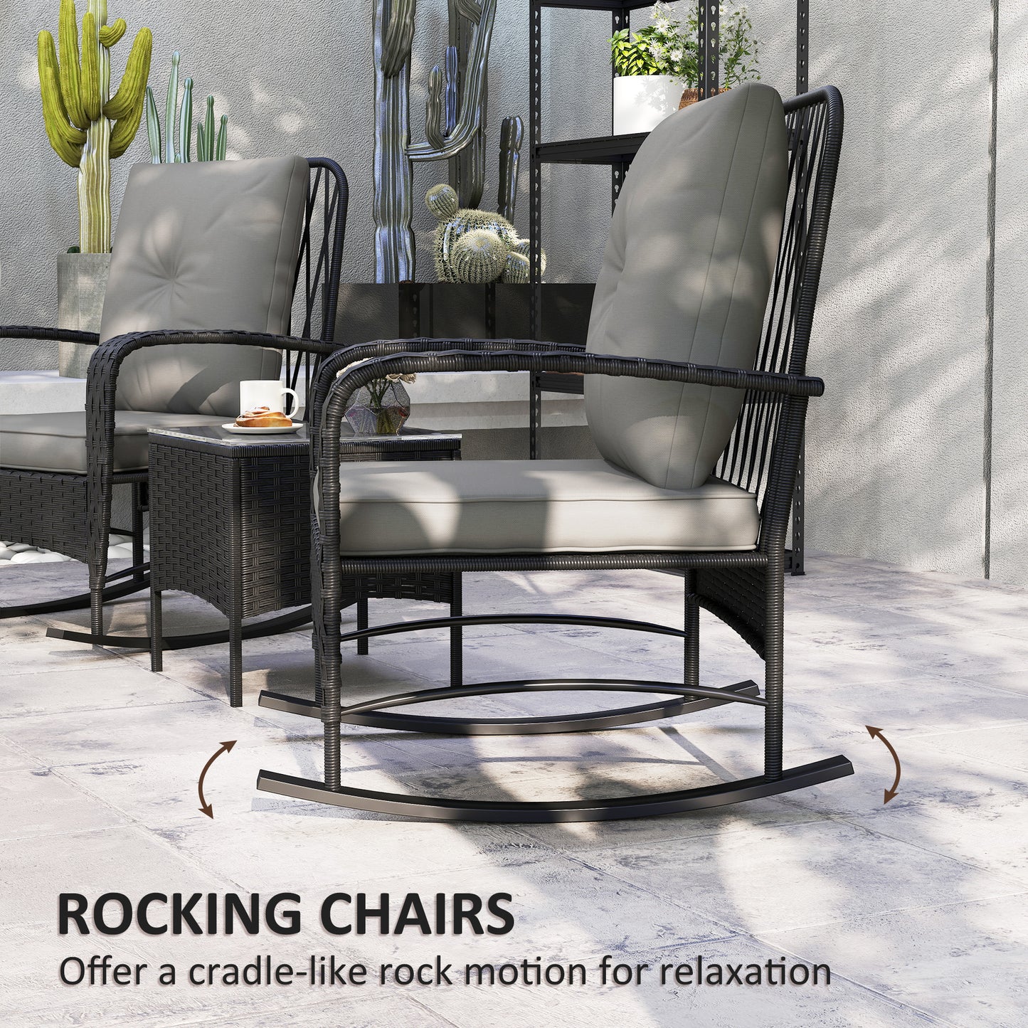 Outsunny Rattan Bistro Set Balcony Furniture with Rocking Chairs, Black