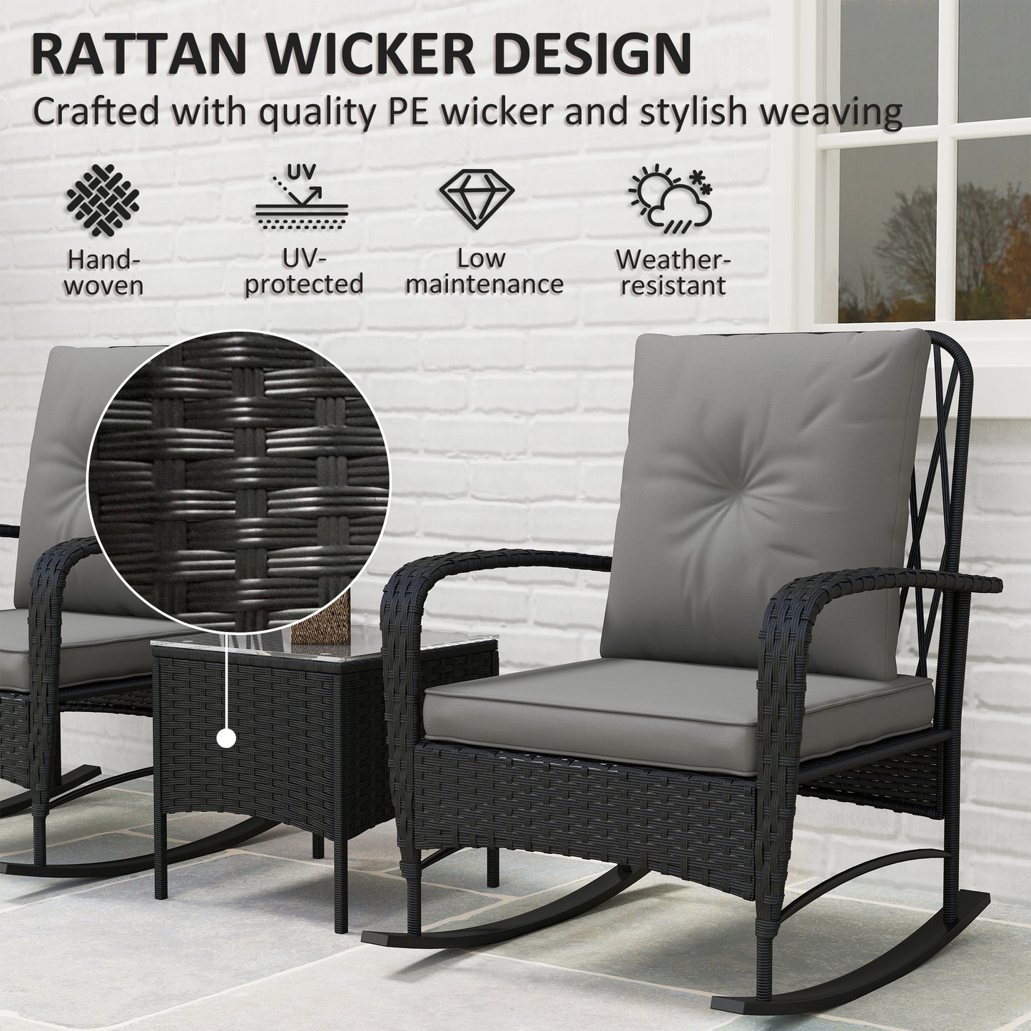Outsunny Rattan Bistro Set Balcony Furniture with Rocking Chairs, Black