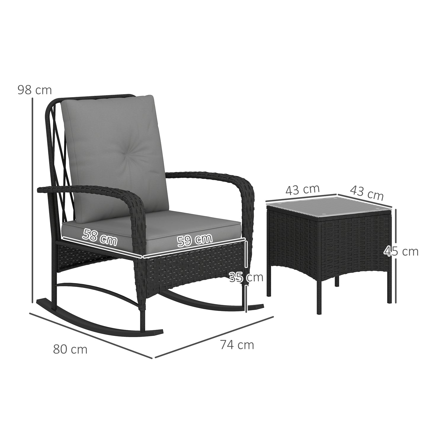 Outsunny Rattan Bistro Set Balcony Furniture with Rocking Chairs, Black