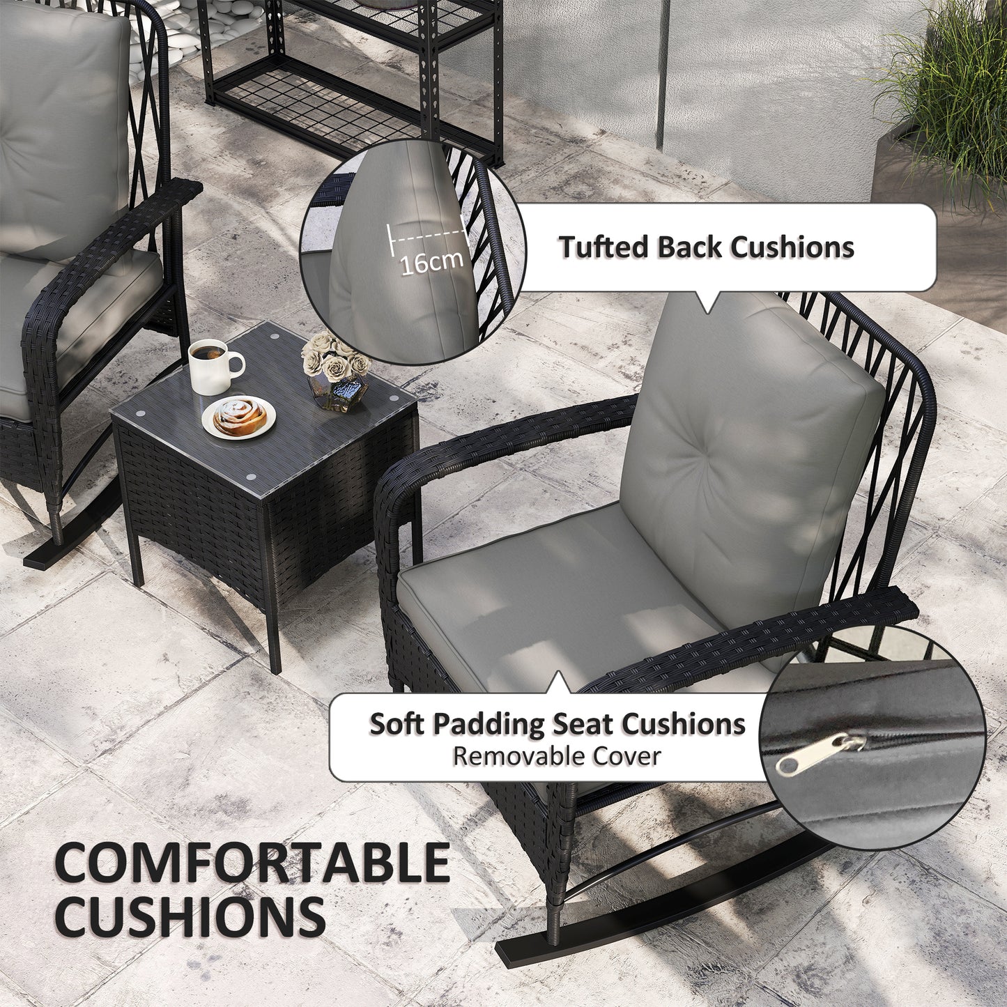 Outsunny Rattan Bistro Set Balcony Furniture with Rocking Chairs, Black