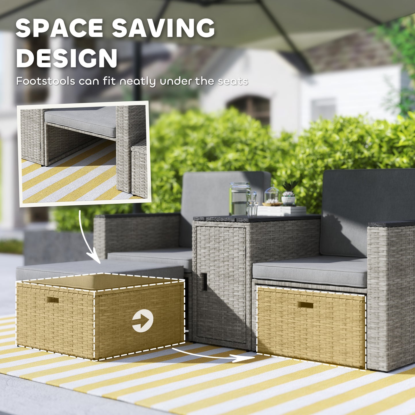 Outsunny 5 Piece Rattan Garden Furniture Set w/ Storage Table, Stools, Grey