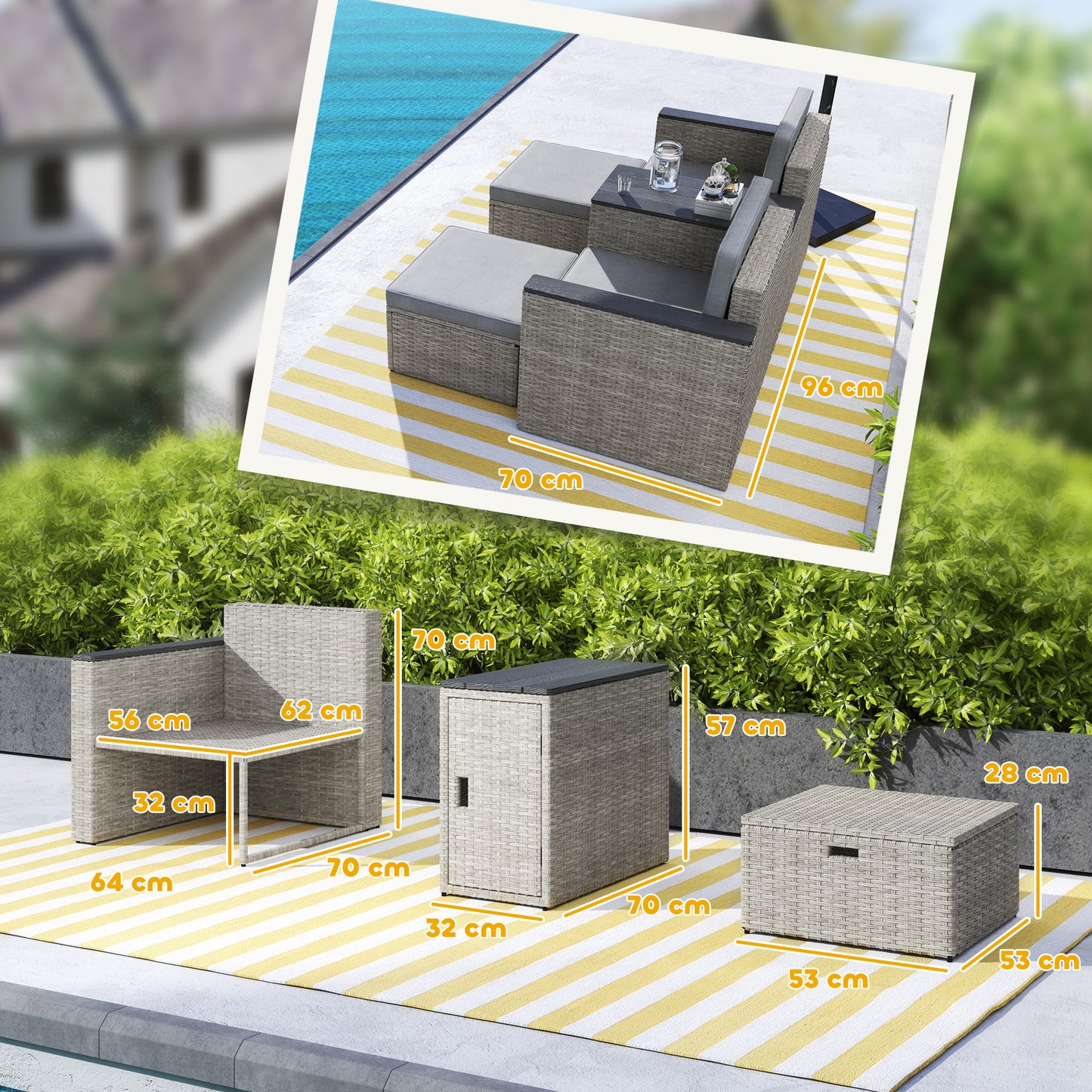 Outsunny 5 Piece Rattan Garden Furniture Set w/ Storage Table, Stools, Grey