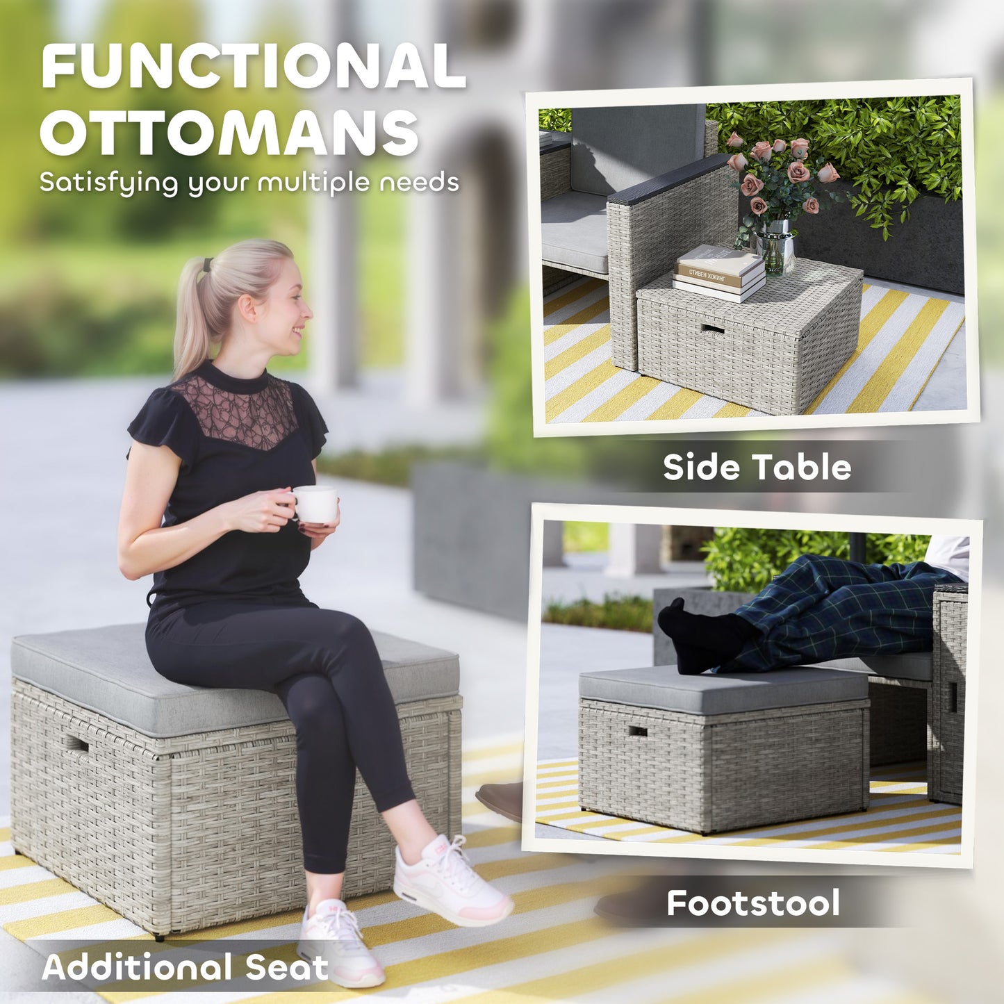 Outsunny 5 Piece Rattan Garden Furniture Set w/ Storage Table, Stools, Grey