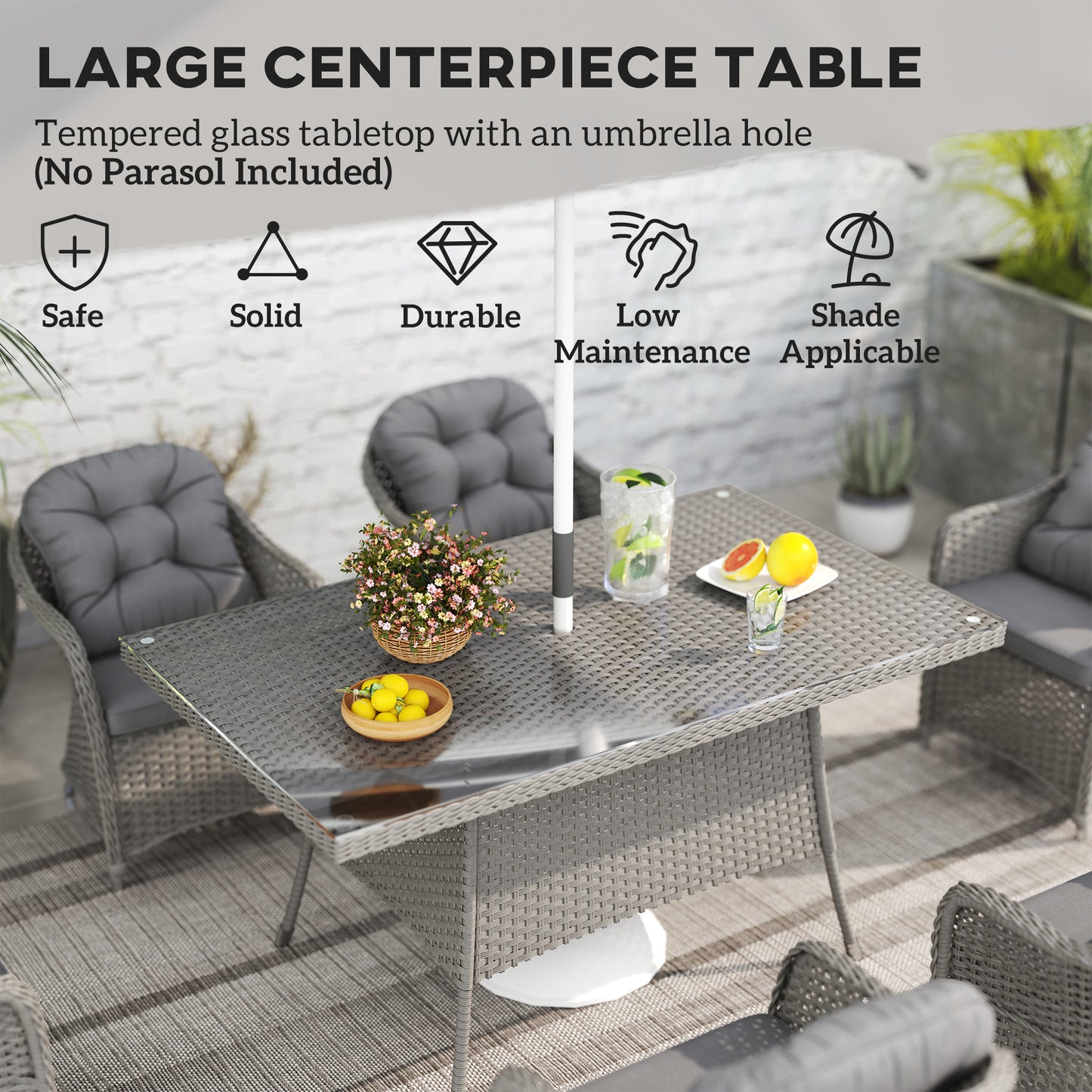 Outsunny PE Rattan Garden Dining Set for 6 with Seat and Back Cushions