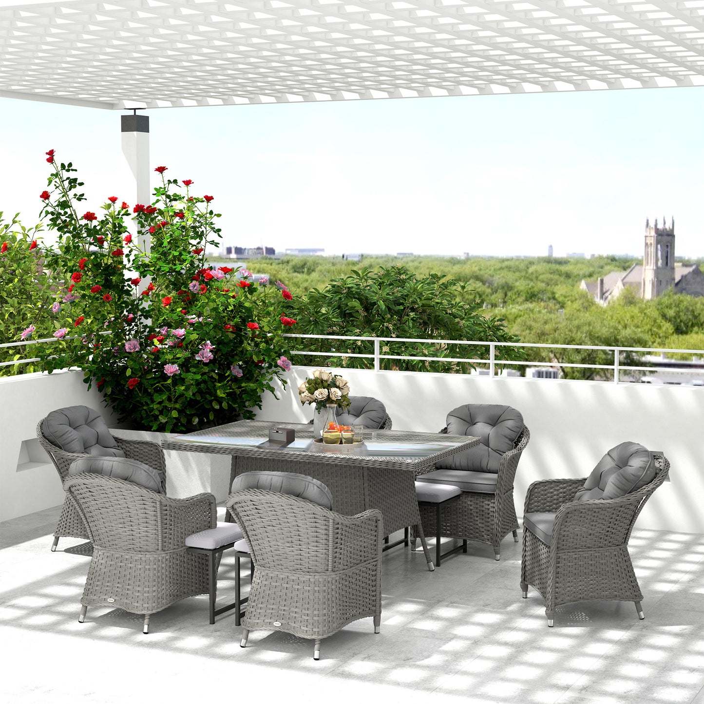 Outsunny PE Rattan Garden Dining Set for 6 with Seat and Back Cushions