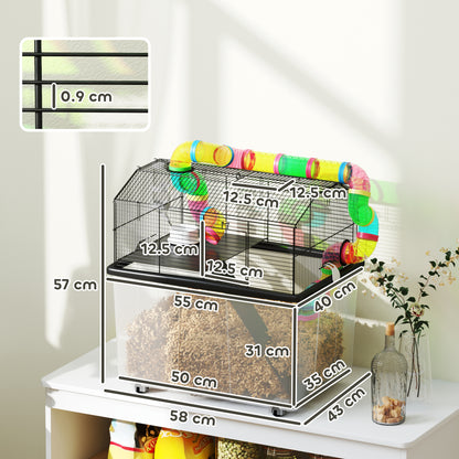 PawHut Hamster Cage with 31cm Deep Tray, Tube System, 58 x 43 x 57cm