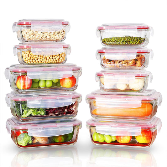 Vinsani Glass Food Storage 10-Pack Containers Rectangle Food Meal Prep Lunch Boxes with Lids Airtight Heat Resistant Leakproof Lid BPA-Free Dishwasher Microwave Oven Freezer Safe