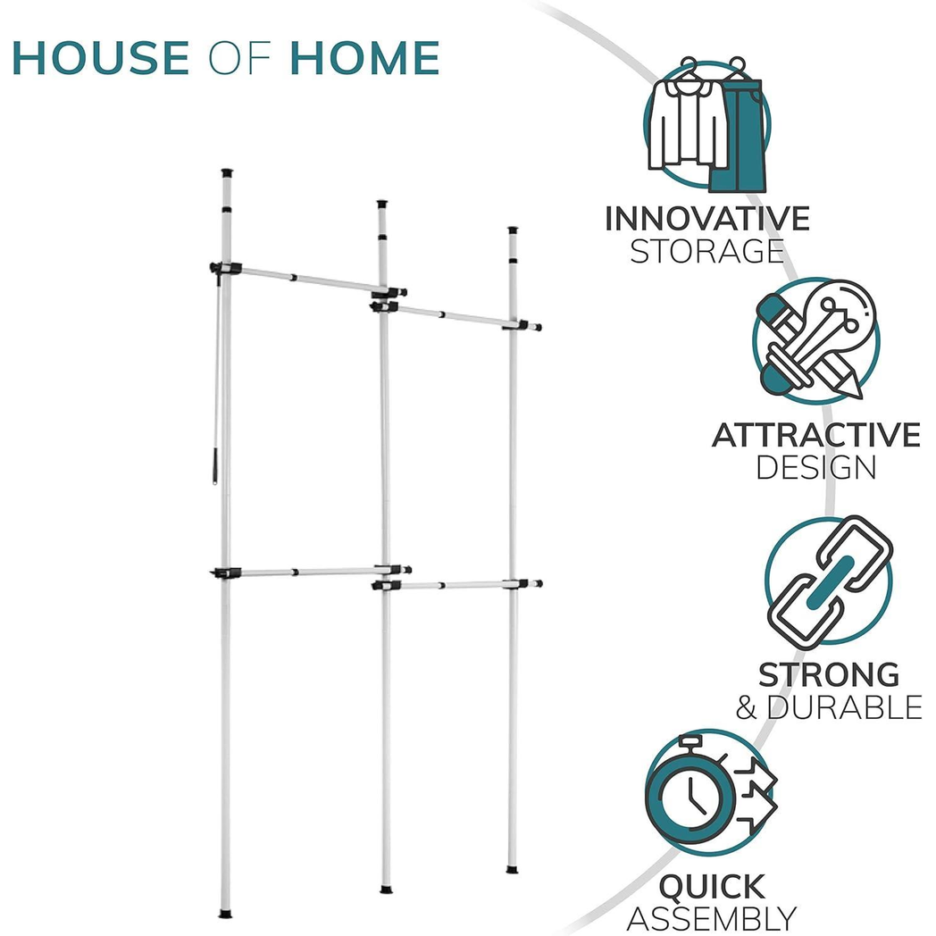 Double Black Telescopic Wardrobe Organiser Hanging Rail Clothes Rack Adjustable Storage Shelving