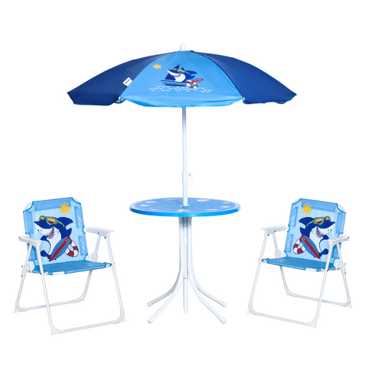 Kids Foldable Four-Piece Garden Set with Table, Chairs, Umbrella - Blue