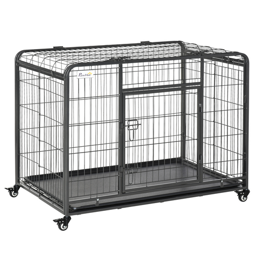 78x109cm Metal Dog Cage Kennel with Locking Door & Wheels Large Pets Pawhut