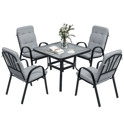 Outsunny Garden Dining Set, Glass Table w/ Umbrella Hole & Texteline Seats