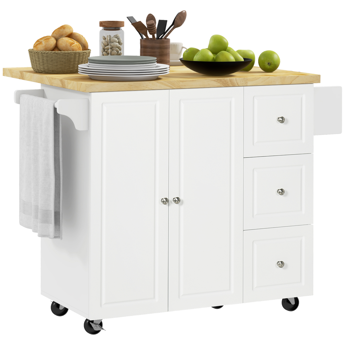 Drop-Leaf Kitchen Island on Wheels Utility Storage Cart with Drawers & Cabinet