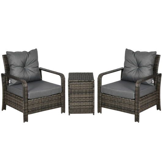 3 Piece PE Rattan Garden Sofa Set w/ 2 Chairs & Storage Table Grey Outsunny