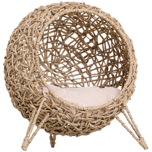 Rattan Elevated Cat House Kitten Bed Pet Furniture with Cushion Natural