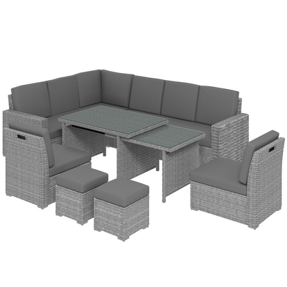 Outsunny 10-Seater Sofa Sectional w/ Cushioned Seat, Footstools and Glass Table