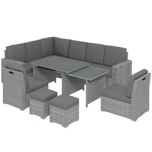 Outsunny 10-Seater Sofa Sectional with Cushioned Seat, Footstools and Glass Table