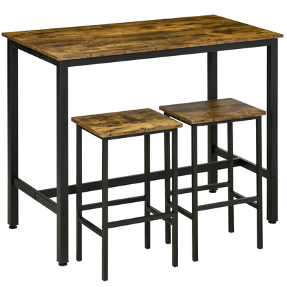 Industrial Bar Table Set, 2 Stools, 3PC Counter Height Rustic Brown