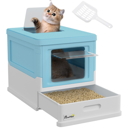 PawHut Hooded Cat Litter Box, Pet Toilet with Scoop, Tray - Light Blue