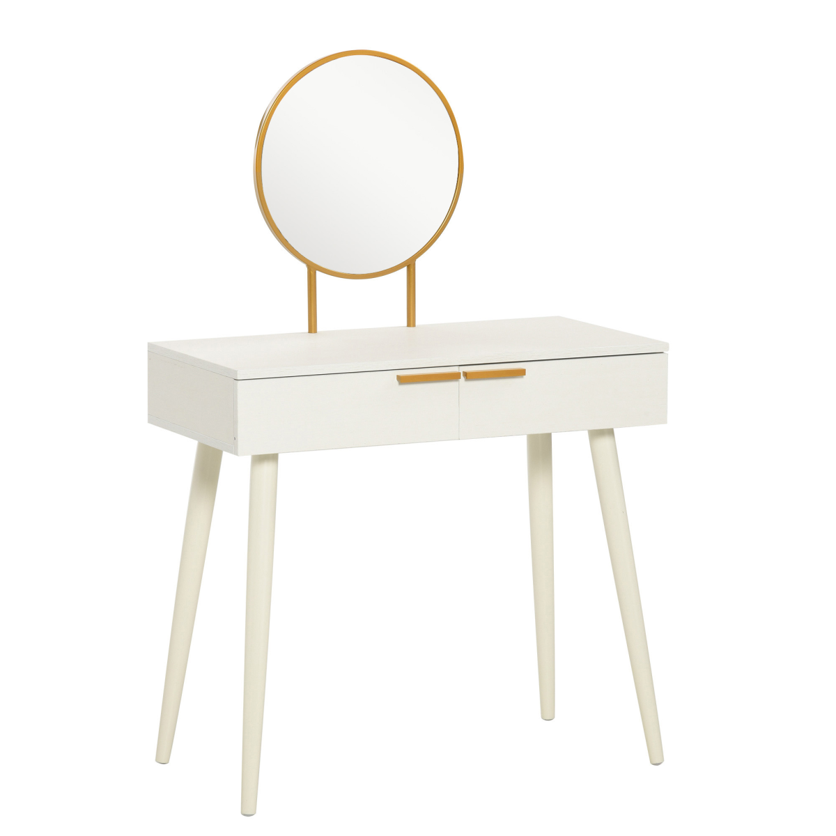 HOMCOM Modern Dressing Table w/ 2 Drawers Round Mirror for Bedroom White