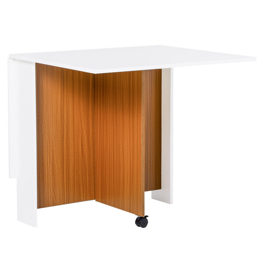 Folding Drop Leaf Table Dining Mobile Writing Desk with Casters-Teak/White