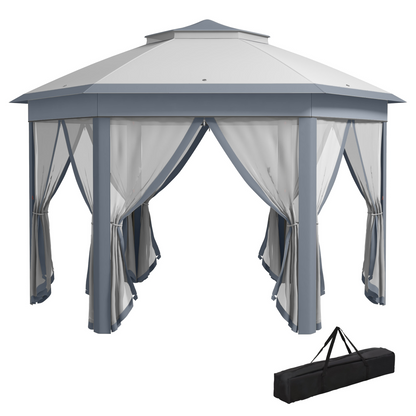 Hexagon Pop Up Gazebo Double Roof Netting, 4m x 4m, Grey w/ Mesh, 4x4m