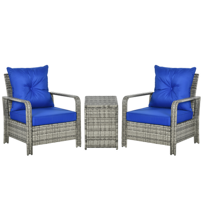 3 PCs PE Rattan Garden Sofa Set w/ 2 Chairs & Storage Table Mixed Grey