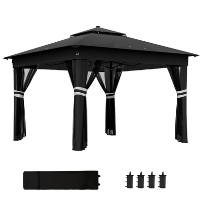 Outsunny 3x3(m) Pop Up Gazebo w/ Solar-Powered LED Lights Netting Black
