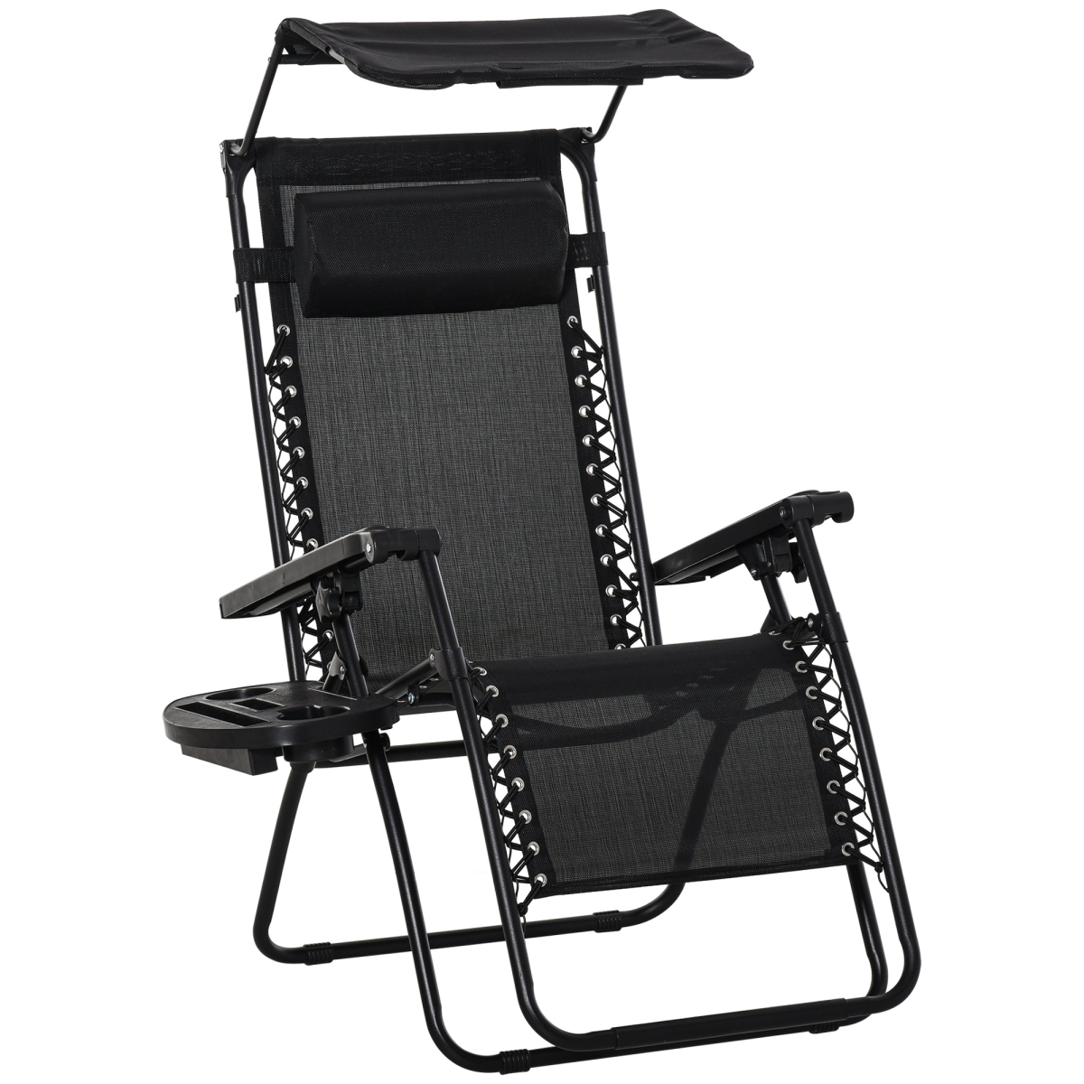 Zero Gravity Folding Sun Lounger Reclining Seat & Cup Holder & Canopy, Black