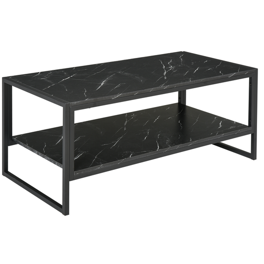 Two-Tier Laminate Marble Print Coffee Table Metal Frame Elegant Style
