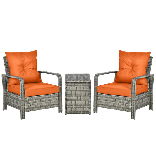 3 PCs PE Rattan Garden Sofa Set w/ 2 Chairs & Storage Table Orange