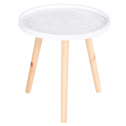 Pine Wood Floral Etched Side Table w/ Saucer Top White