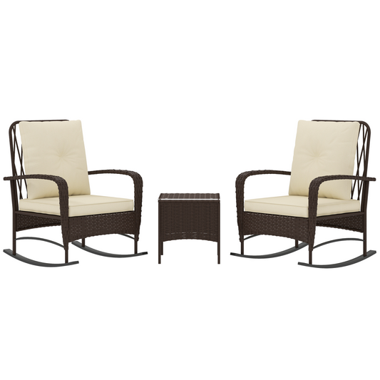 Outsunny Rattan Bistro Set Balcony Furniture with Rocking Chairs, Brown